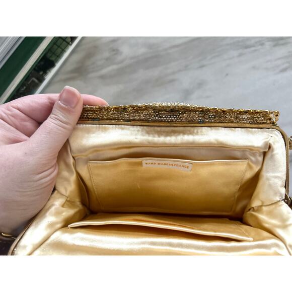 Le Goût du Jour Gold Beaded Swirl Rhinestone Filigree 50s Wrist Bag - Picture 5 of 10